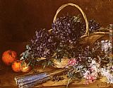Antoine Vollon A Still Life with a Basket of Flowers, Oranges and a Fan on a Table painting